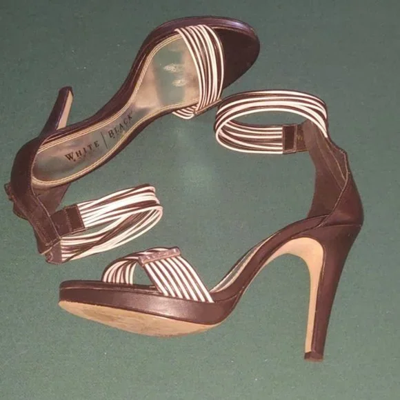 WHBM Black and White "David" Strappy Heels Sandals Pumps - Picture 2 of 8